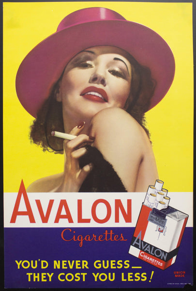 c.1940 Avalon Cigarettes Tobacco Advertising Paper Sign Poster Lady in Purple Fedora - Golden Age Posters