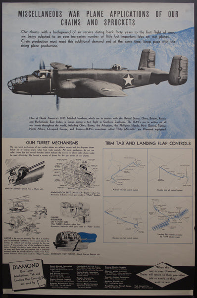 c.1943 Diamond Chain Co. WWII Factory Poster B-25 Mitchell Bomber - Golden Age Posters