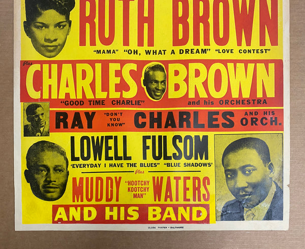 1954 Muddy Waters Ray Charles Window Card Blues Concert Poster Chattanooga