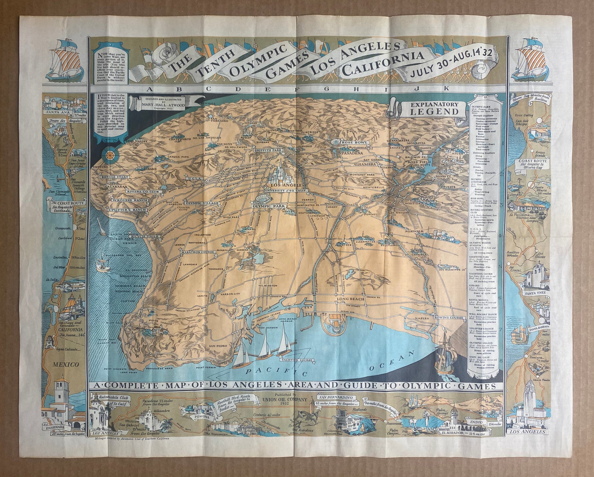 1932 Union Oil Co Los Angeles Olympic Games Pictorial Map Mary Hall Atwood California