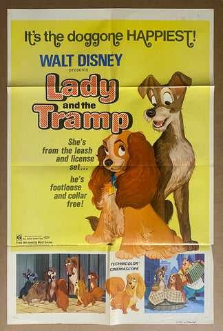 1955 Lady and the Tramp One Sheet Movie Disney Buena Vista R-1972