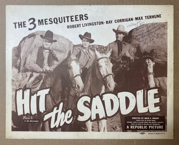 1937 Hit The Saddle 3 Mesquiteers Lobby Card Signed Ray Corrigan R-1940s