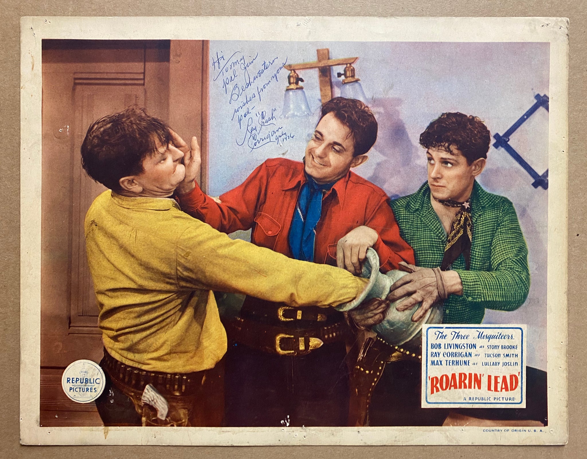 1936 Roarin’ Lead Three Mesquiteers Lobby Card Signed Ray Crash Corrigan