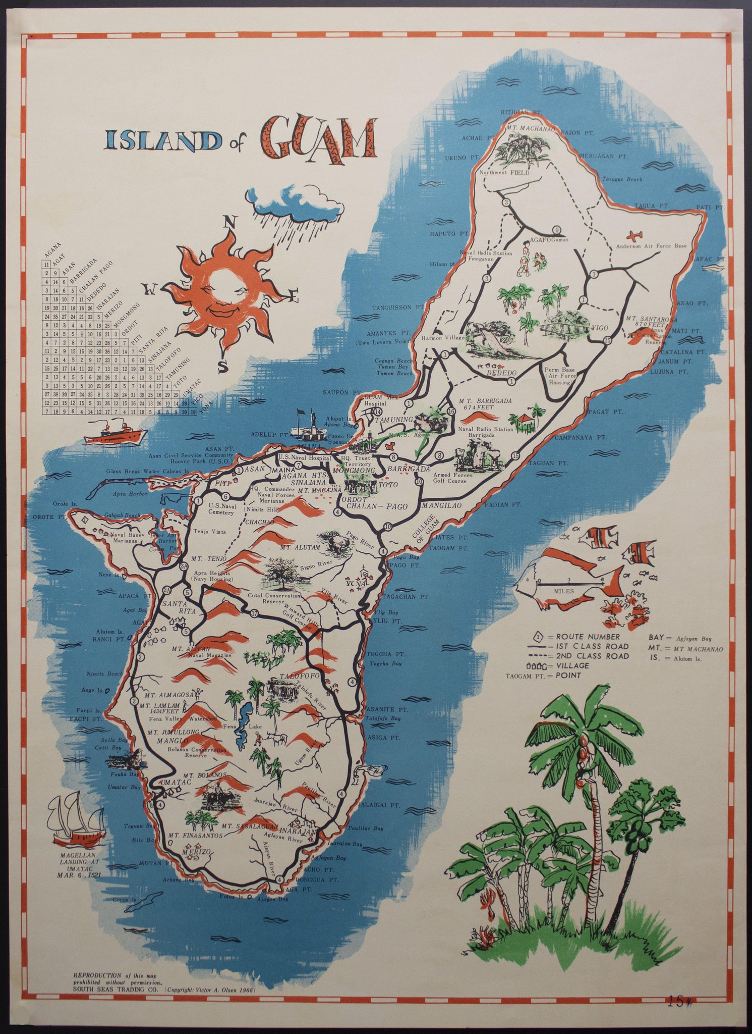 1966 Island of Gaum Pictorial Map Poster South Seas Trading Co Victor A Olsen - Golden Age Posters