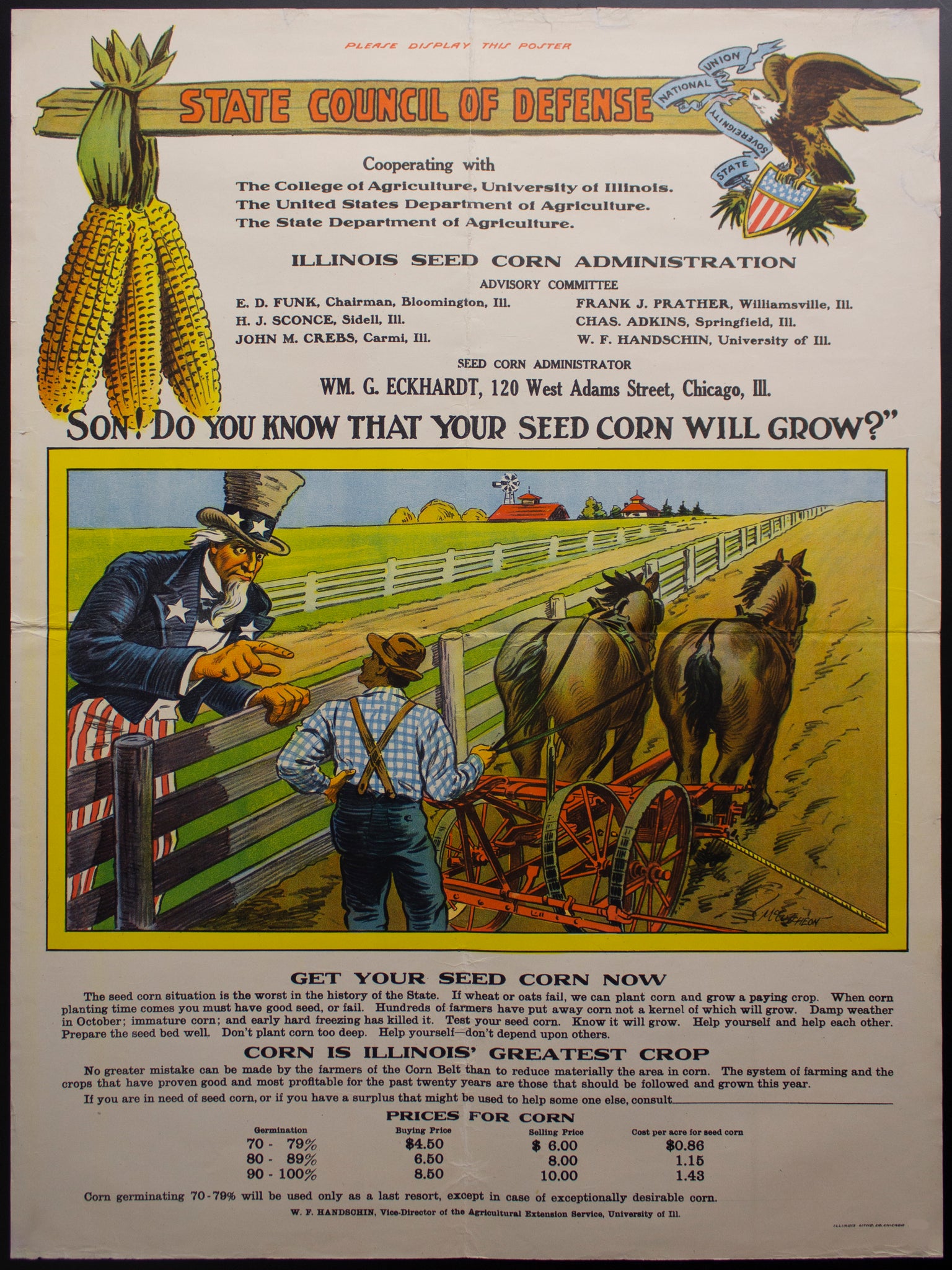 c.1918 WWI Illinois Seed Corn Administration Poster by John Tinney McCutcheon Cartoonist