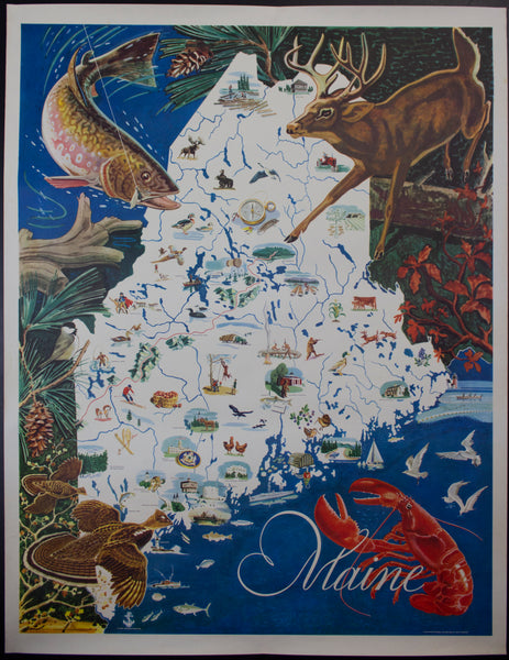 c.1955 Maine Pictorial Cartoon Map Poster Simonds Payson Company