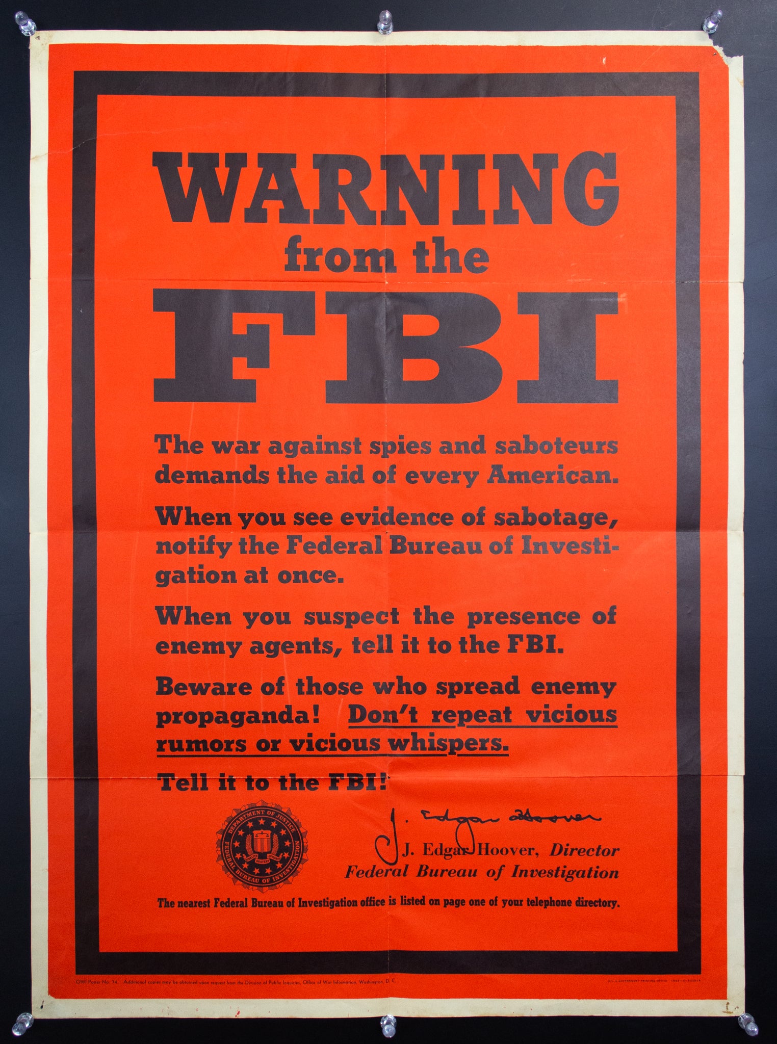 1943 Warning From The FBI Spies Saboteurs Enemy Agents J Edgar Hoover WWII