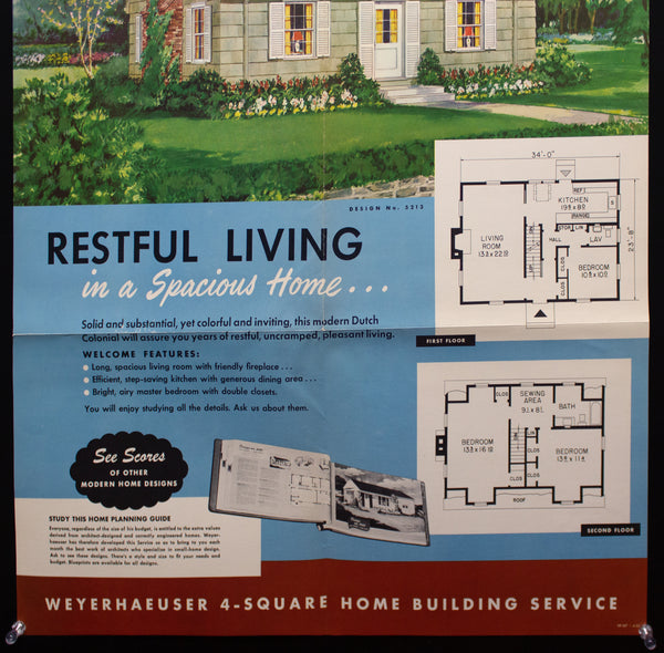 1952 Weyerhaeuser 4-Square Home Plan Service Poster No. 5213 Atomic Age Vintage