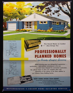 1954 Weyerhaeuser 4-Square Home Plan Service Poster No. 6107 Atomic Age Vintage