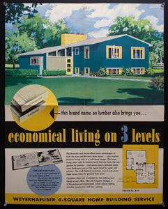 1954 Weyerhaeuser 4-Square Home Plan Service Poster No. 6111 Atomic Age Vintage