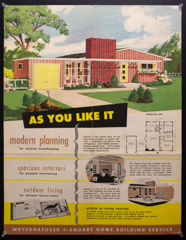 1953 Weyerhaeuser 4-Square Home Plan Service Poster No. 5146 Atomic Age Vintage