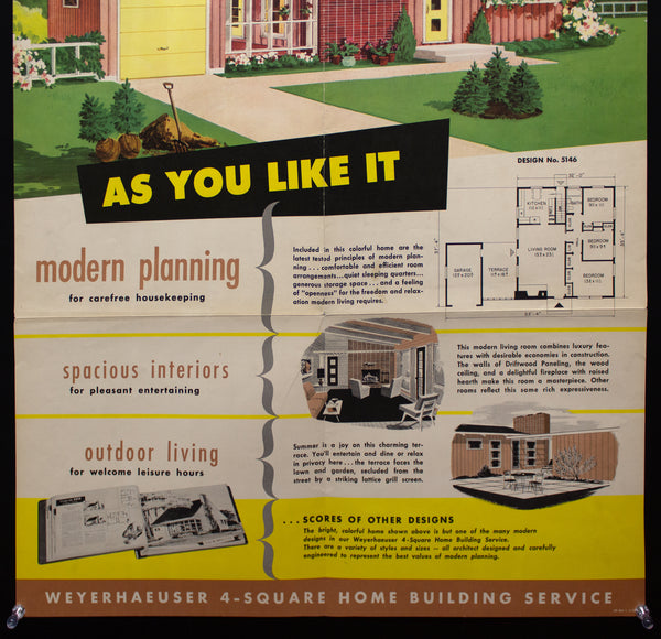 1953 Weyerhaeuser 4-Square Home Plan Service Poster No. 5146 Atomic Age Vintage