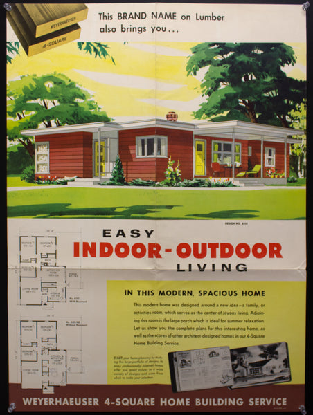 1954 Weyerhaeuser 4-Square Home Plan Service Poster No. 6110 Atomic Age Vintage