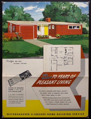 1953 Weyerhaeuser 4-Square Home Plan Service Poster No. 5145 Atomic Age Vintage