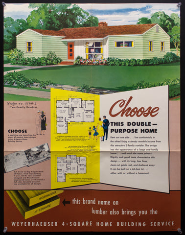 1953 Weyerhaeuser 4-Square Home Plan Service Poster No. 4160-2 Atomic Age Vintage