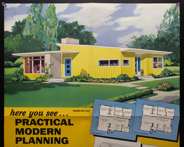 1954 Weyerhaeuser 4-Square Home Plan Service Poster No. 6113 Atomic Age Vintage
