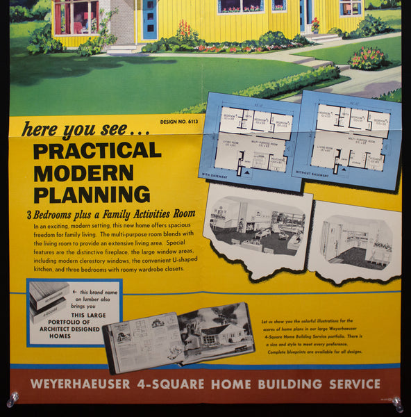 1954 Weyerhaeuser 4-Square Home Plan Service Poster No. 6113 Atomic Age Vintage