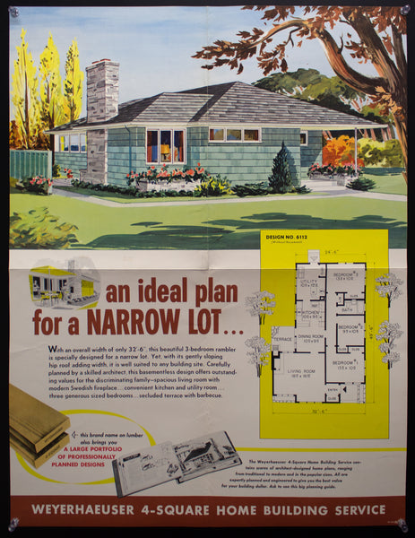 1954 Weyerhaeuser 4-Square Home Plan Service Poster No. 6112 Atomic Age Vintage