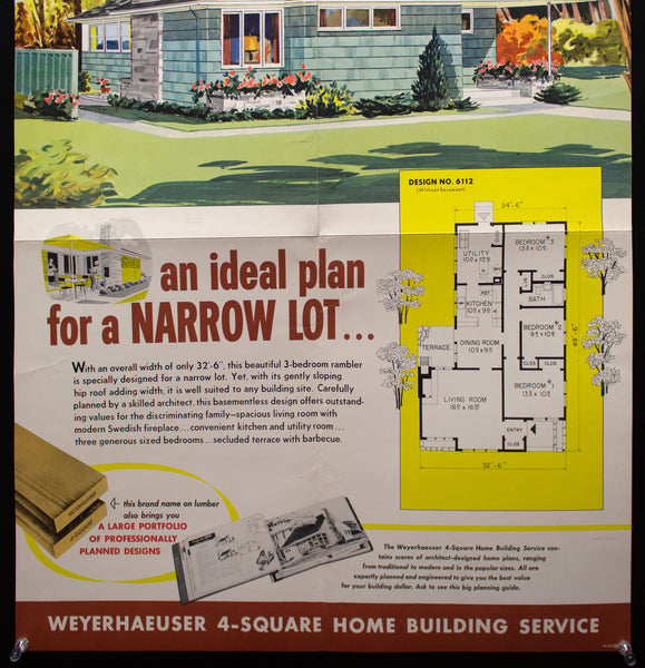 1954 Weyerhaeuser 4-Square Home Plan Service Poster No. 6112 Atomic Age Vintage