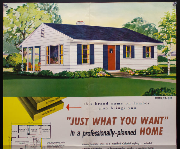 1953 Weyerhaeuser 4-Square Home Plan Service Poster No. 5148 Atomic Age Vintage