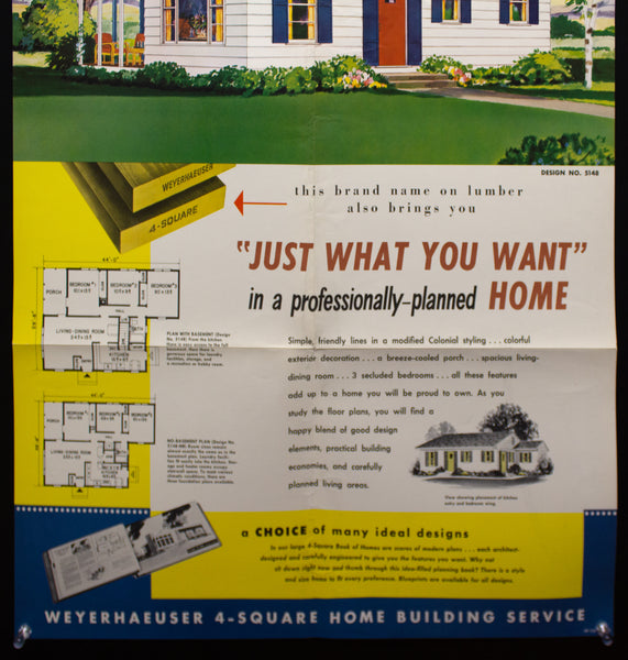 1953 Weyerhaeuser 4-Square Home Plan Service Poster No. 5148 Atomic Age Vintage