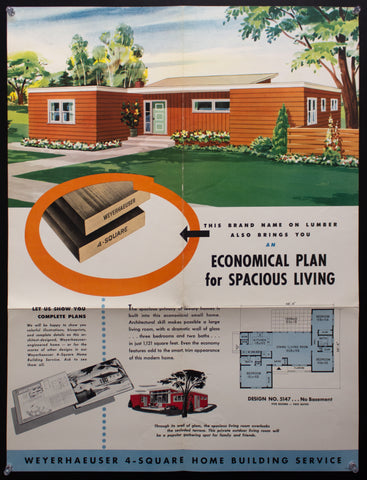 1953 Weyerhaeuser 4-Square Home Plan Service Poster No. 5147 Atomic Age Vintage