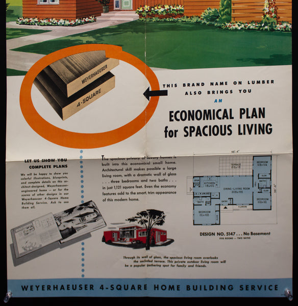 1953 Weyerhaeuser 4-Square Home Plan Service Poster No. 5147 Atomic Age Vintage