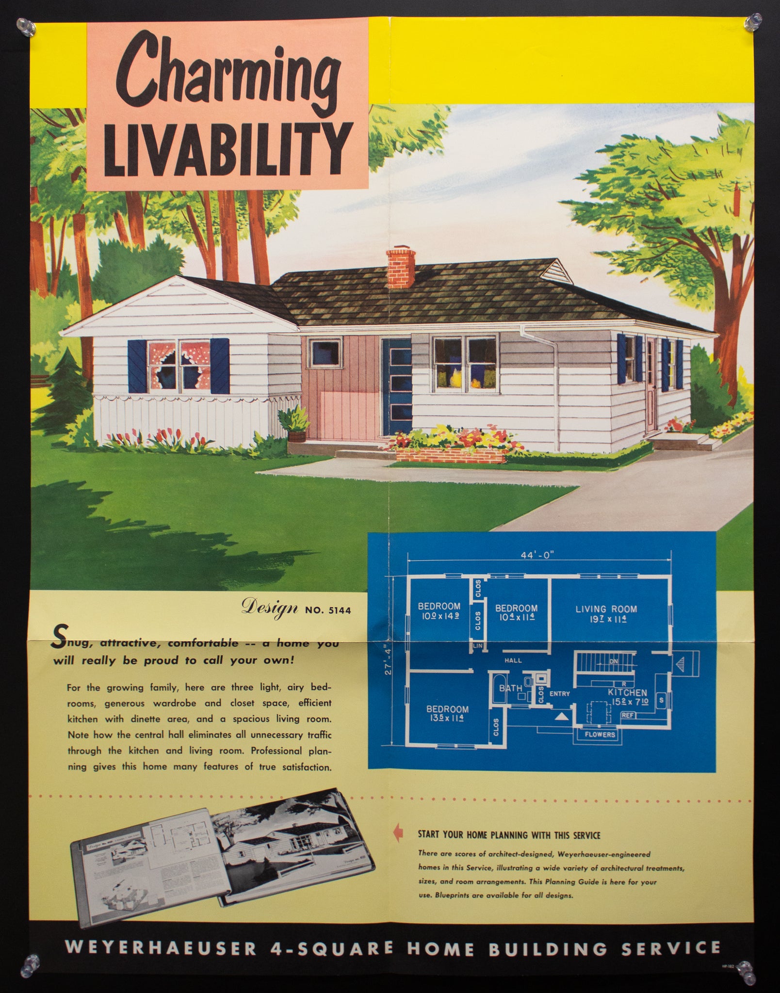 1953 Weyerhaeuser 4-Square Home Plan Service Poster No. 5144 Atomic Age Vintage