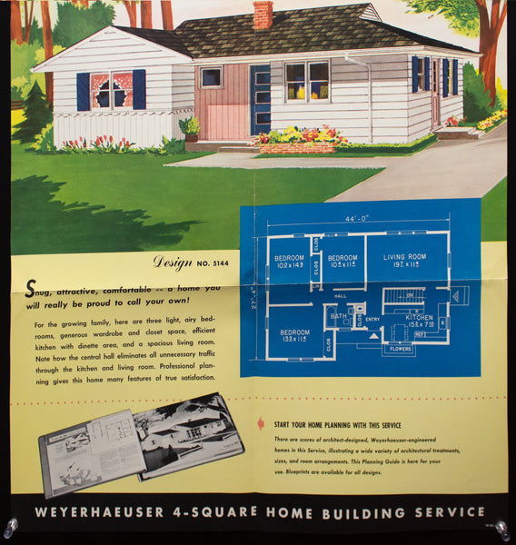 1953 Weyerhaeuser 4-Square Home Plan Service Poster No. 5144 Atomic Age Vintage