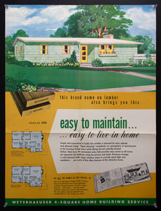 1953 Weyerhaeuser 4-Square Home Plan Service Poster No. 6106 Atomic Age Vintage