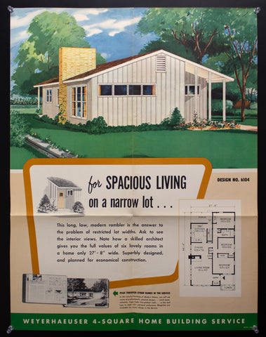1952 Weyerhaeuser 4-Square Home Plan Service Poster No. 6104 Atomic Age Vintage