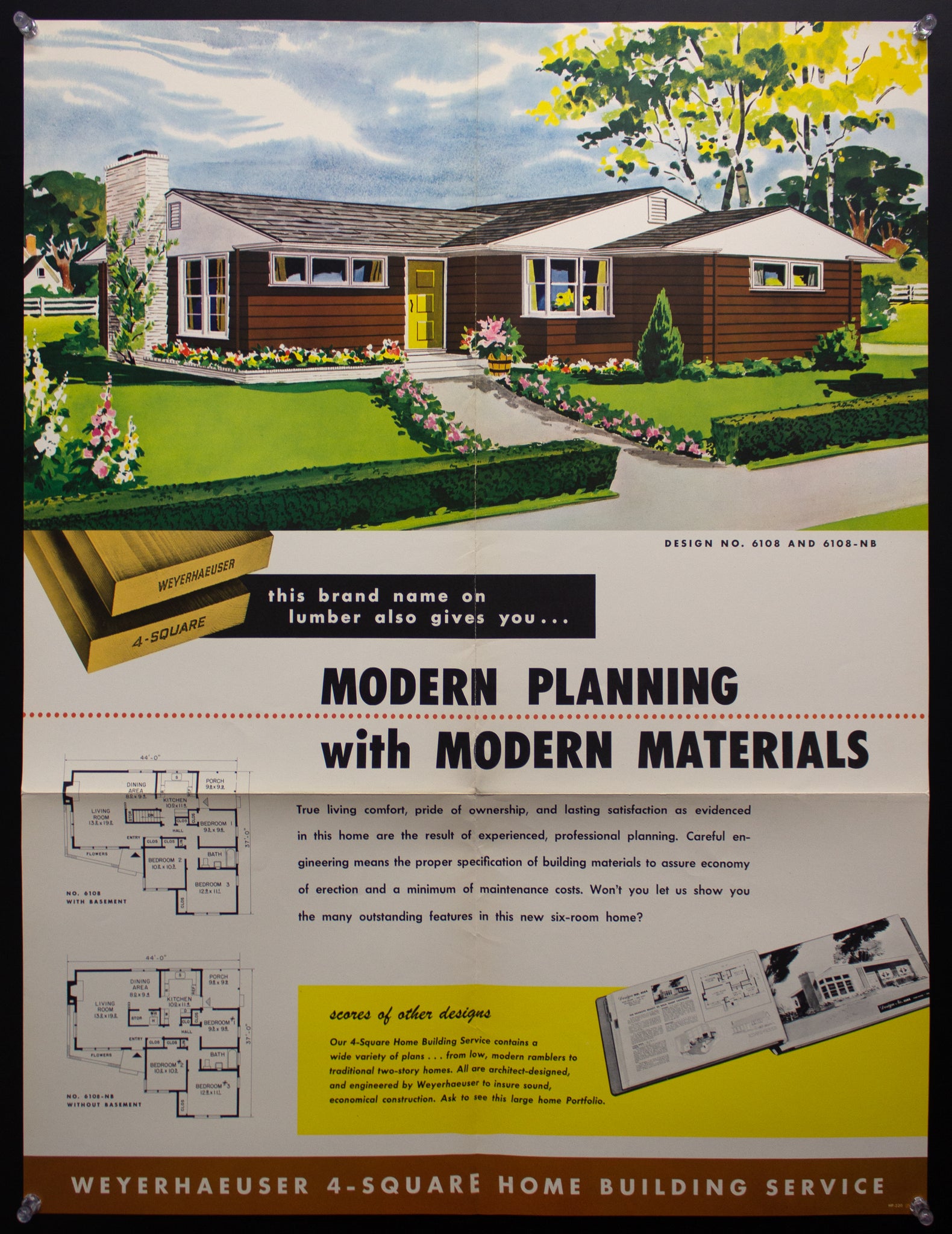 1954 Weyerhaeuser 4-Square Home Plan Service Poster No. 6108 and 6108-NB Atomic Age Vintage