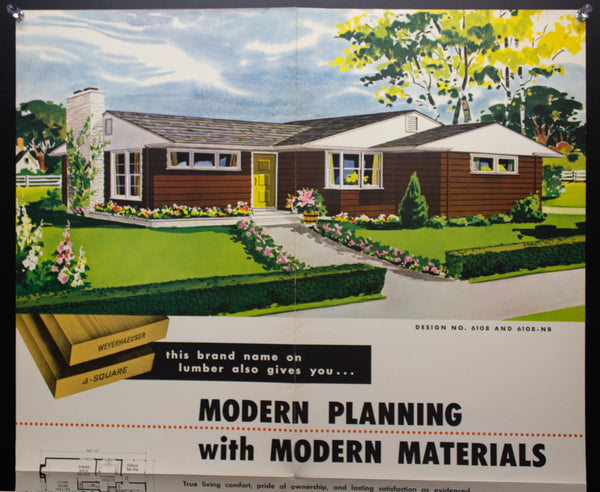 1954 Weyerhaeuser 4-Square Home Plan Service Poster No. 6108 and 6108-NB Atomic Age Vintage