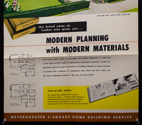 1954 Weyerhaeuser 4-Square Home Plan Service Poster No. 6108 and 6108-NB Atomic Age Vintage