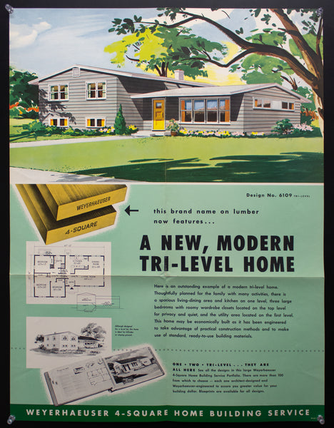 1954 Weyerhaeuser 4-Square Home Plan Service Poster No. 6109 Atomic Age Vintage