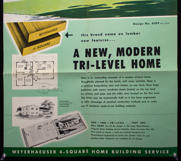 1954 Weyerhaeuser 4-Square Home Plan Service Poster No. 6109 Atomic Age Vintage