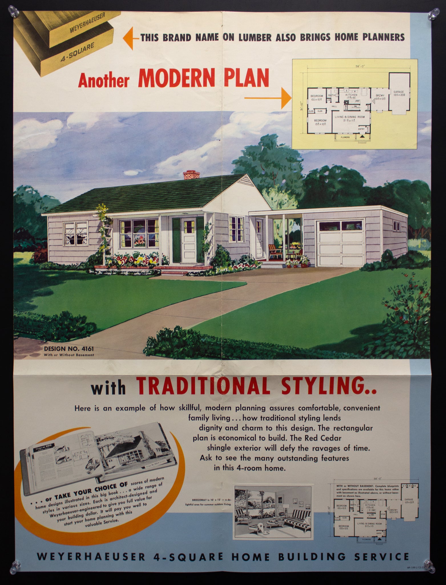 1953 Weyerhaeuser 4-Square Home Plan Service Poster No. 4161 Atomic Age Vintage