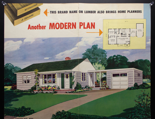 1953 Weyerhaeuser 4-Square Home Plan Service Poster No. 4161 Atomic Age Vintage