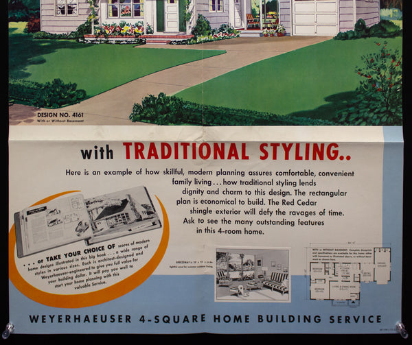 1952 Weyerhaeuser 4-Square Home Plan Service Poster No. 4158 Atomic Age Vintage