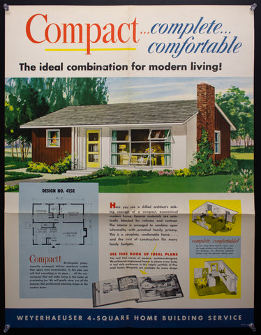 1952 Weyerhaeuser 4-Square Home Plan Service Poster No. 4158 Atomic Age Vintage