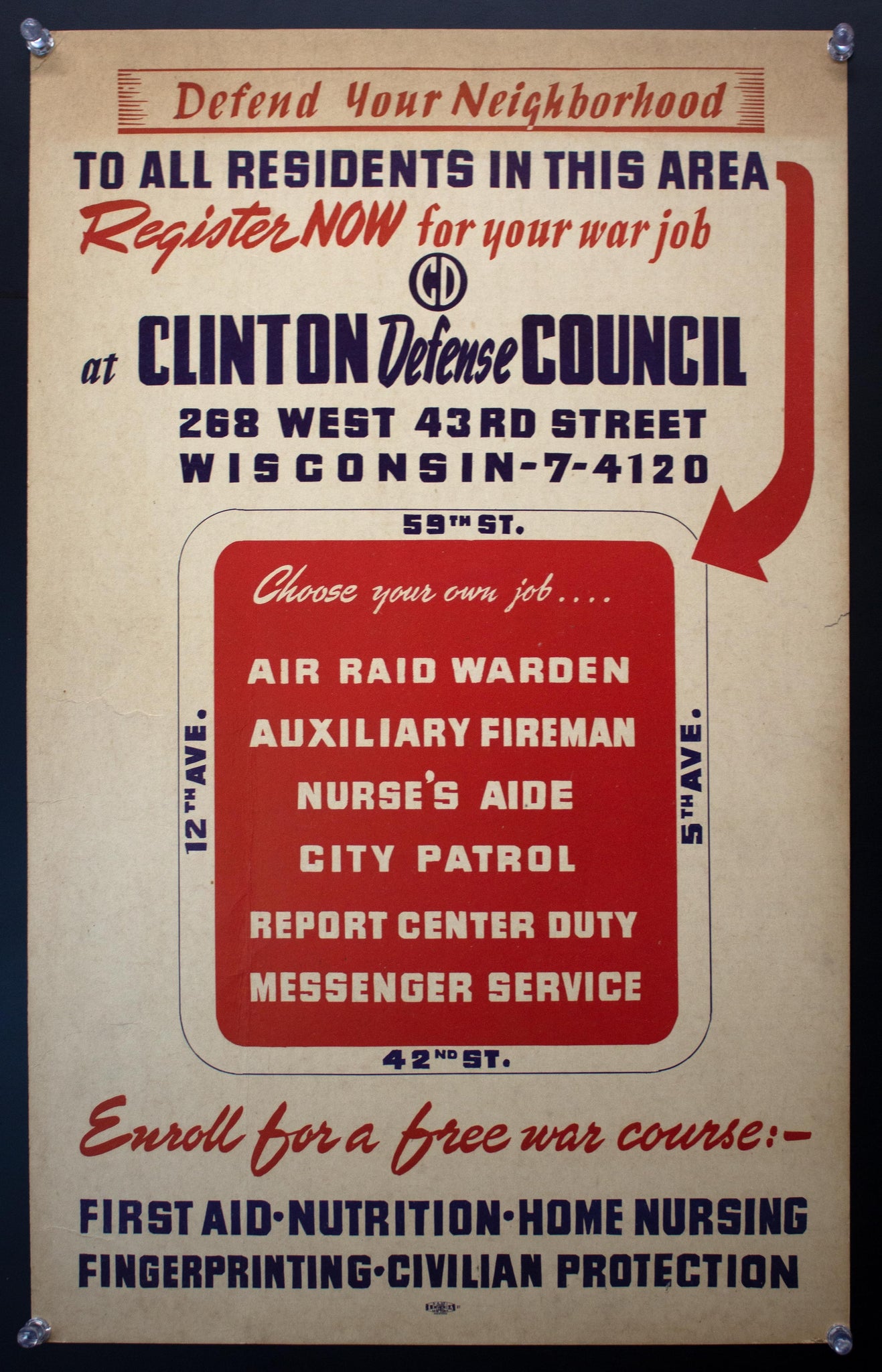 c.1942 New York City Hell’s Kitchen Clinton Neighborhood Civil Defense Council WWII