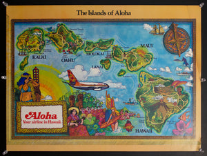 c.1970s The Islands of Aloha Airlines Hawaii Pictorial Cartoon Map