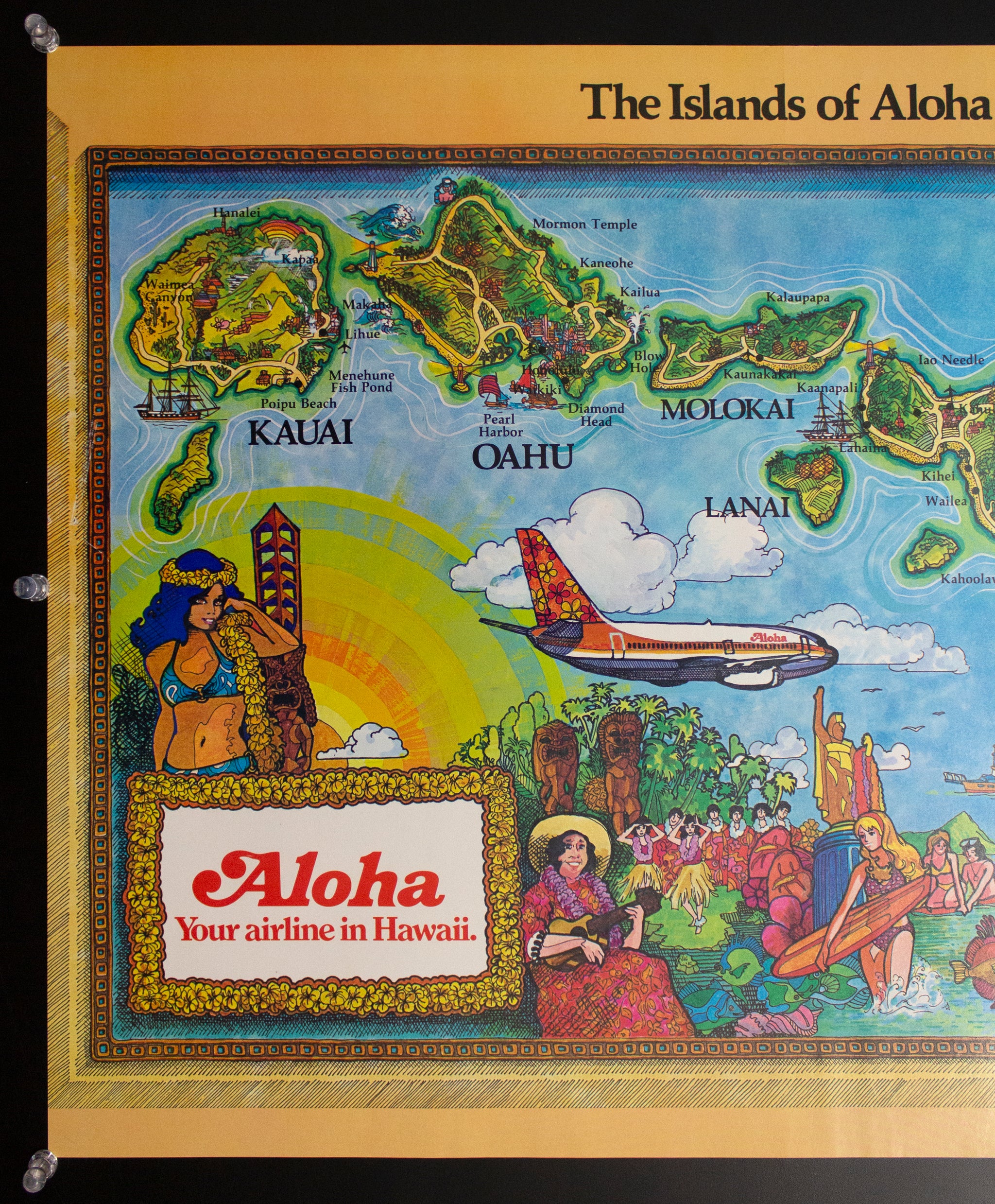 c.1970s Islands of Aloha Airlines Hawaii Pictorial Cartoon Map