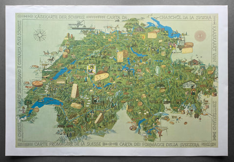 c.1967 Cheese Map of Switzerland Pictorial Map Poster O.M. Muller Swiss Cheese Union