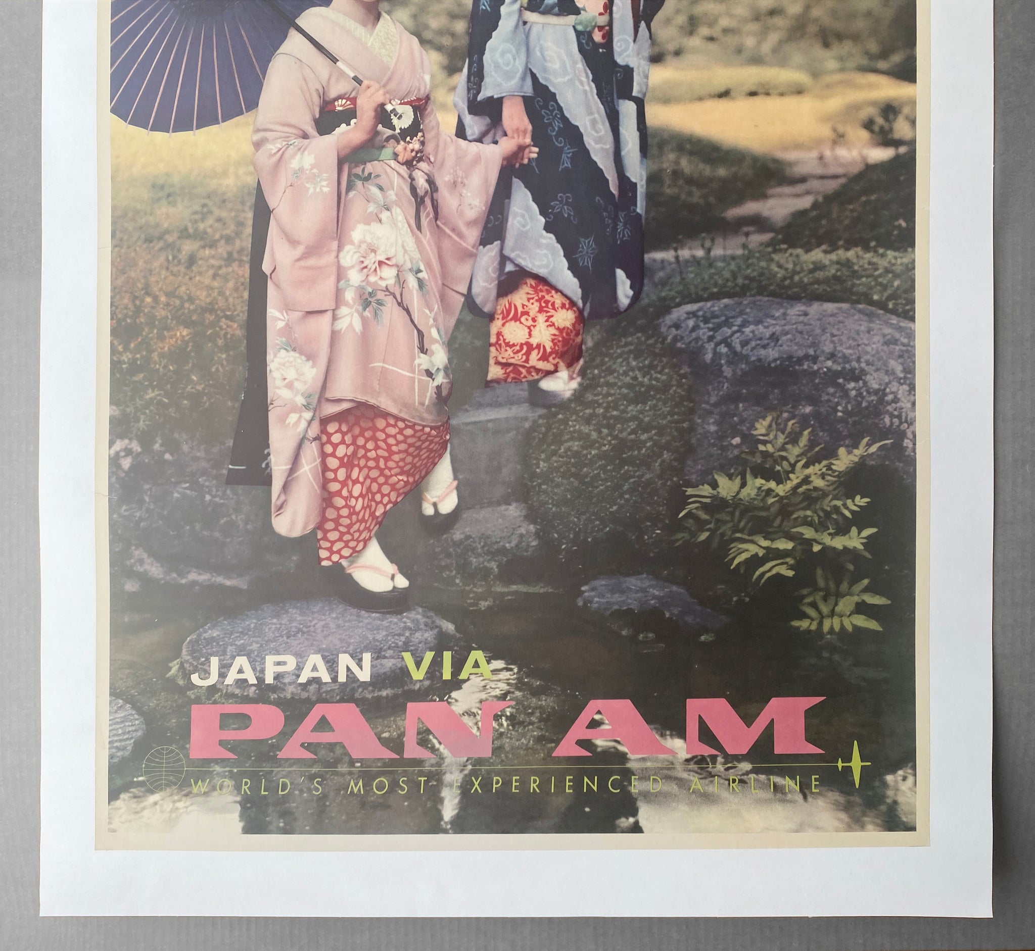 c.1960 Japan Via Pan Am Poster Airline Geisha Women Kimonos