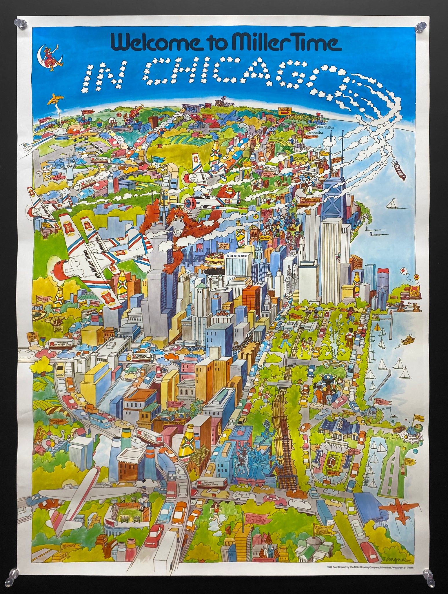 1982 Welcome To Miller Time In Chicago Pictorial Map Beer Vintage