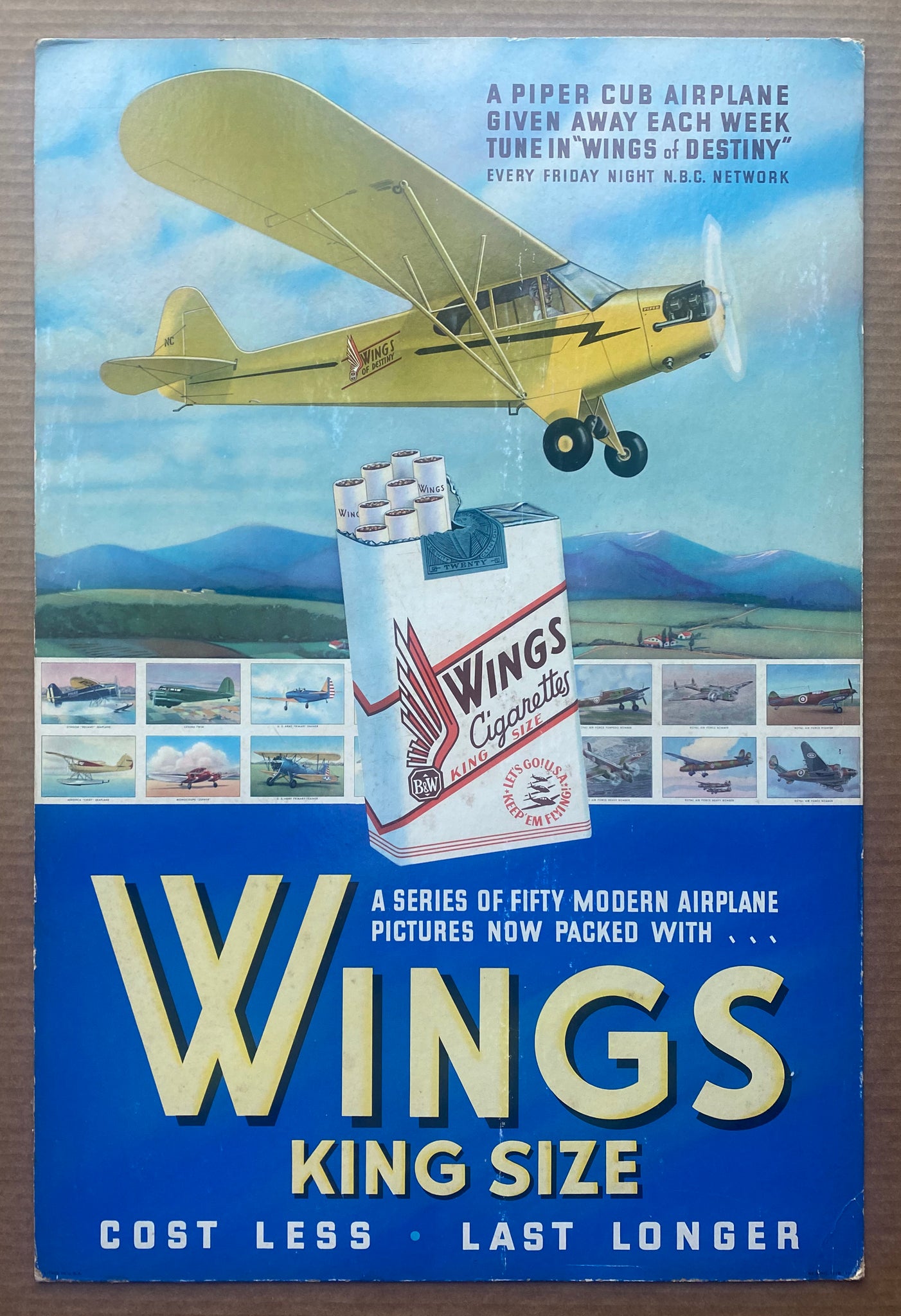 1940 Wings of Destiny Cigarette Co Piper Cub Airplane Cigarette Promo Standee Sign