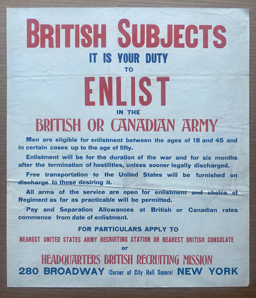 c.1917 British Subjects It Is Your Duty to Enlist in British or Canadian Army WWI