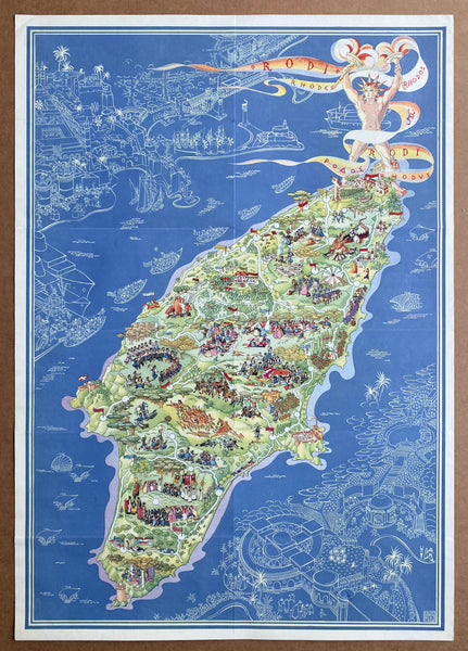1935 Rodi Rhodes Rhodos Pictorial Map by Egon Huber Greece Italian Occupation Period