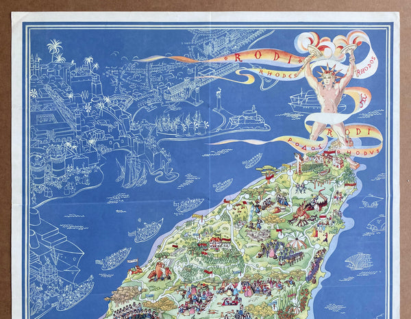 1935 Rodi Rhodes Rhodos Pictorial Map by Egon Huber Greece Italian Occupation Period